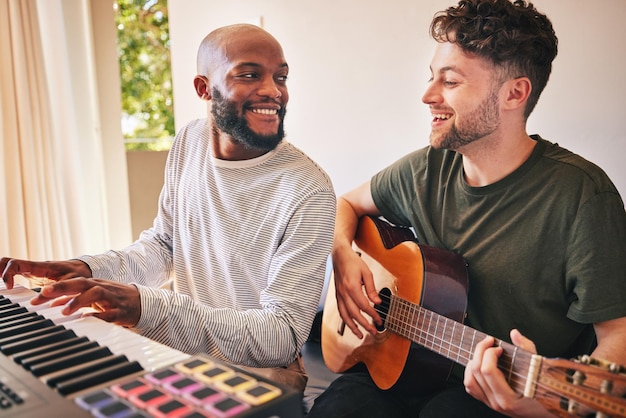 friends band smile with piano guitar song production home studio together happy men musicians collaboration with keyboard acoustic instrument creative talent performance 590464 205954